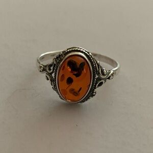 Vintage 925 Sterling Silver Oval Amber Engraved Setting Statement Ring Sz 10.75
